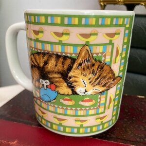 Vintage Tabby Kitten Sleeping Toy Mouse on Quilt GiftCraft Japan 80s 90s Mug